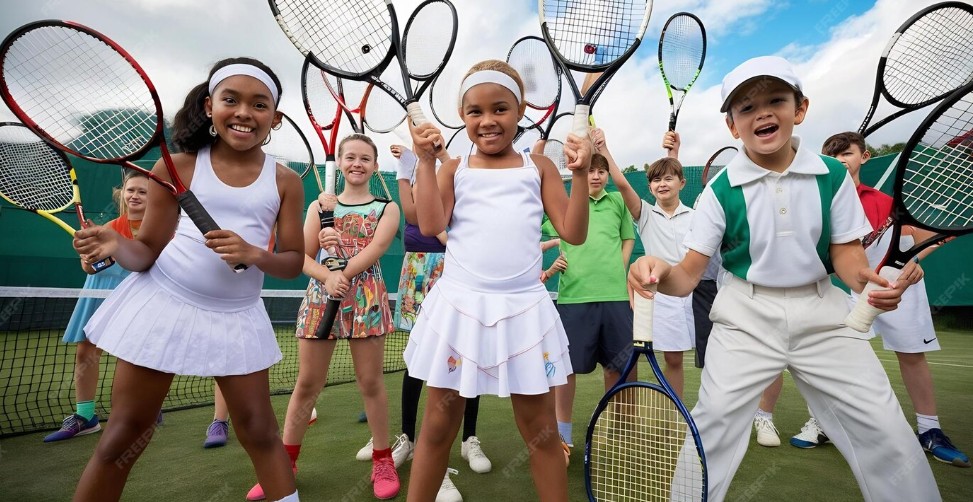Jugadores entrenando en cancha de tenis